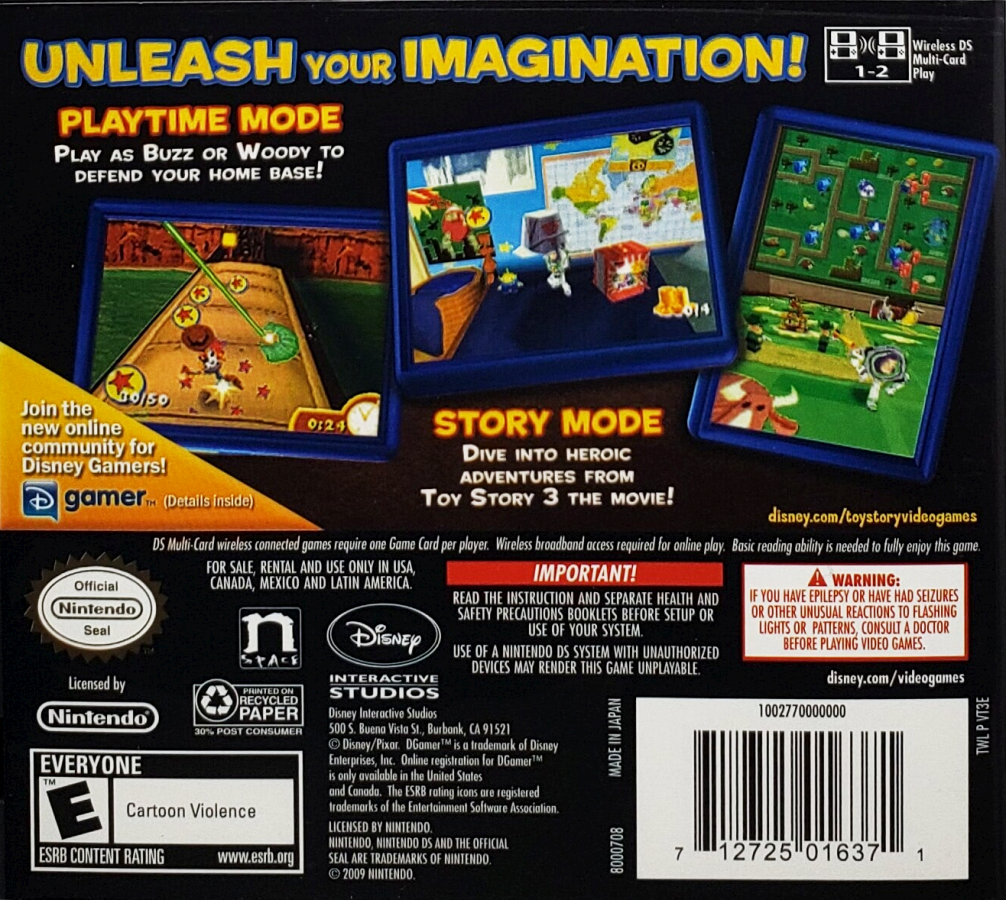 Disney Pixar Toy Story 3 The Video Game Nintendo DS video game, action adventure, movie tie-in gameplay, family-friendly handheld console title back cover