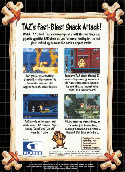 Taz-Mania Sega Genesis GEN video game featuring Taz platforming adventure gameplay Looney Tunes character action colorful environments enemy encounters obstacle courses power ups and classic 16 bit Sega gameplay retro video game collection collectible gaming appeal back cover art