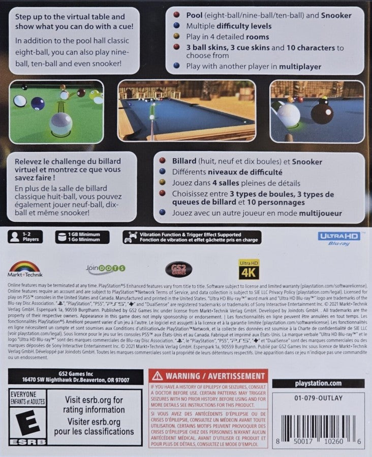 3D Billiards: Pool & Snooker Remastered back of case for PlayStation 5 (PS5) video game
