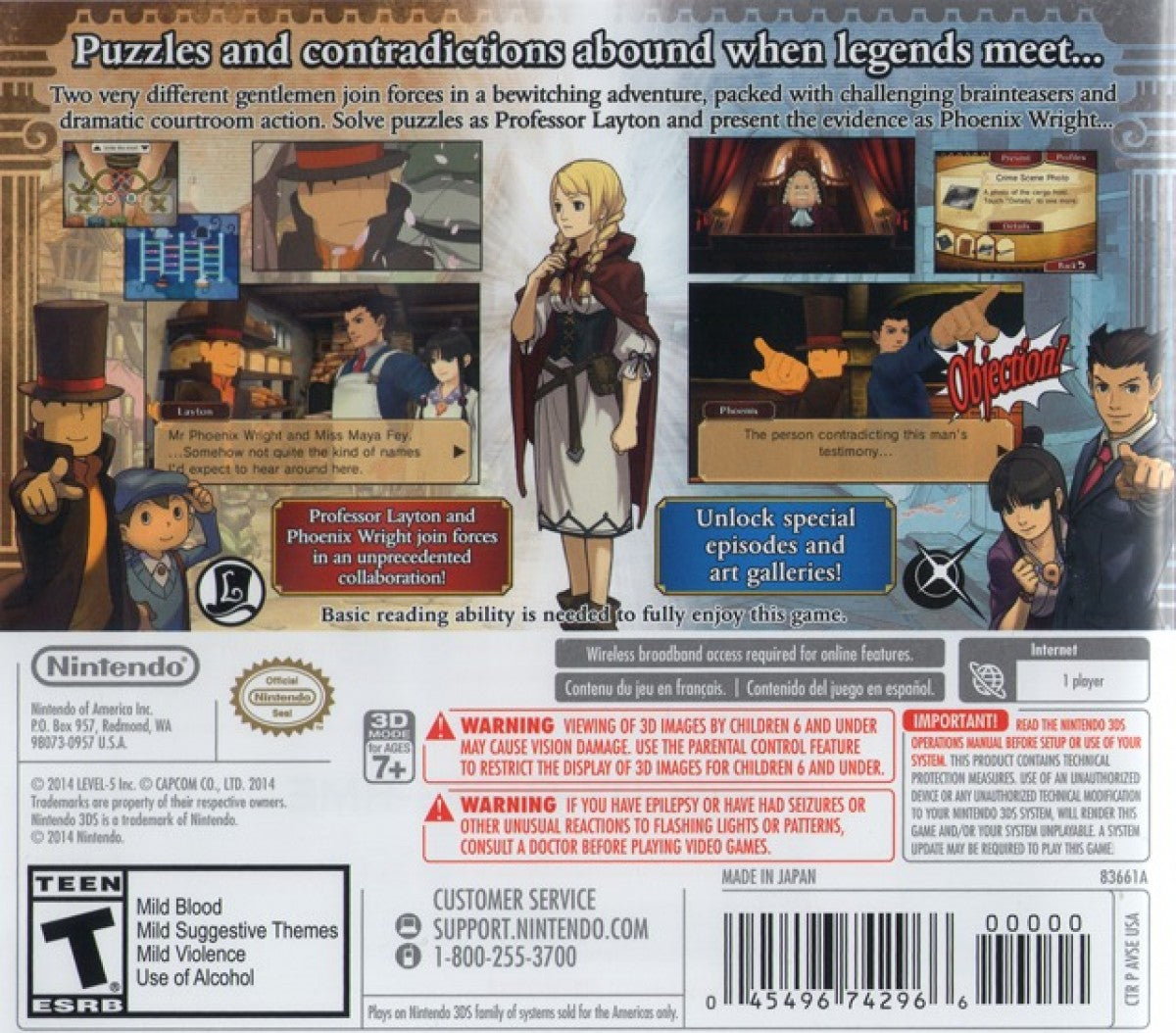 Professor Layton vs Phoenix Wright Ace Attorney Nintendo 3DS video game, puzzle adventure meets courtroom drama, crossover title, handheld console release back cover art