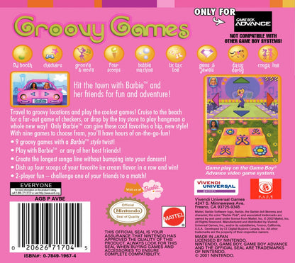 Barbie Groovy Games Game Boy Advance GBA for retro video game enthusiasts featuring family friendly party gameplay fun mini games colorful challenges multiplayer style entertainment charming Barbie themed activities handheld gaming and collectible gaming appeal back art 