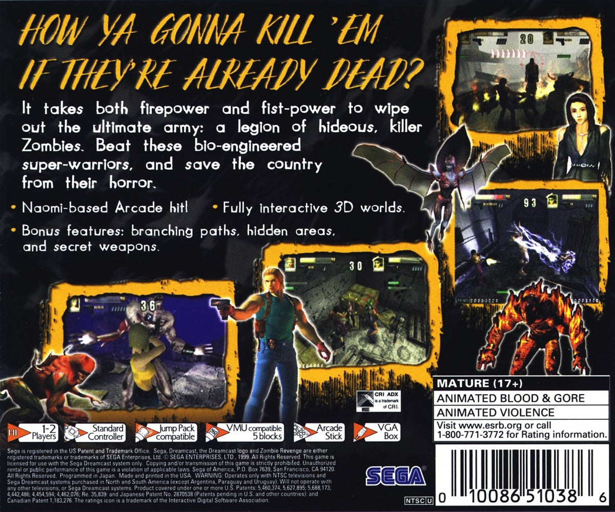 Zombie Revenge Sega Dreamcast retro video game beat em upback of case
