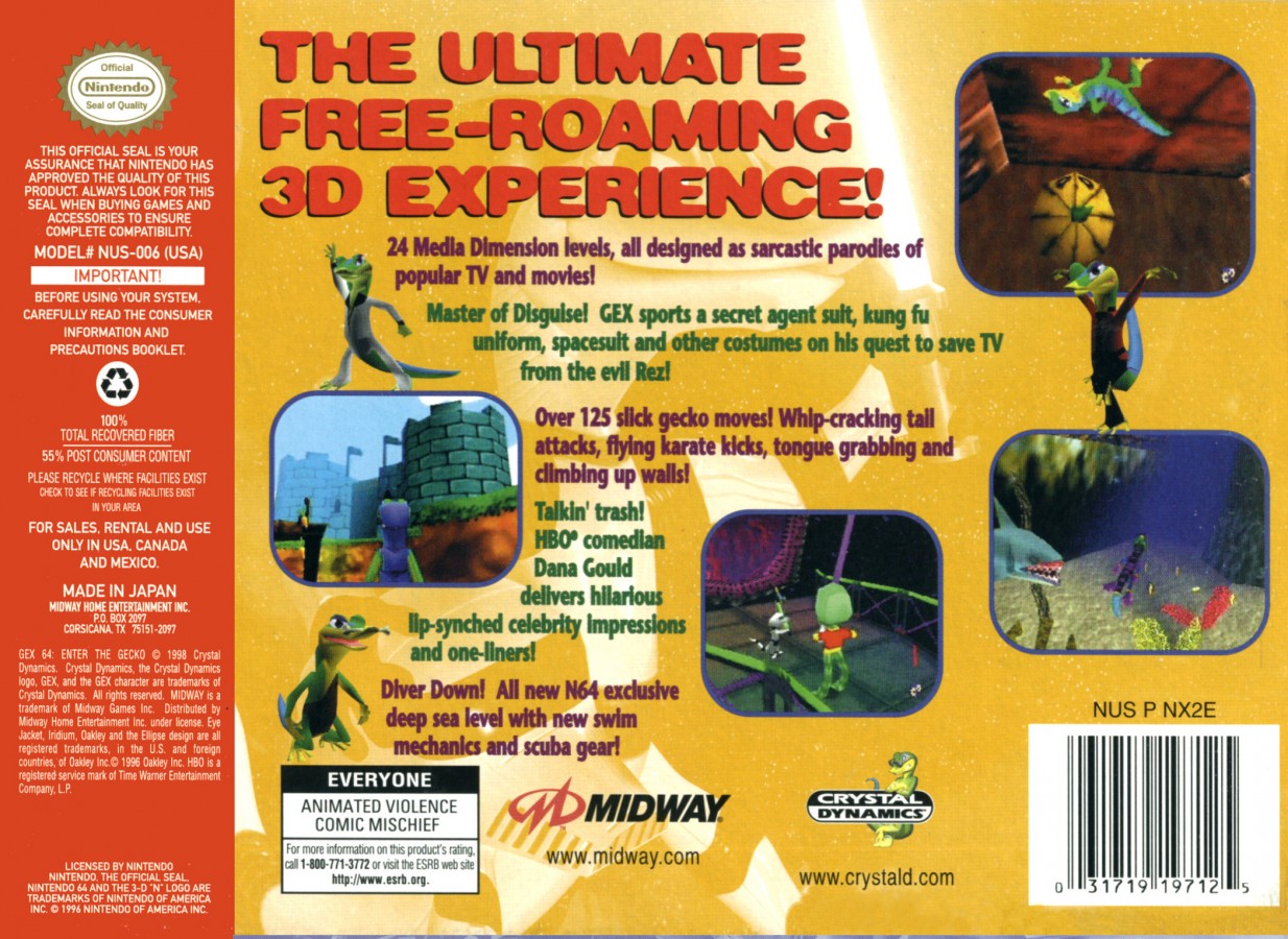 Gex 64 Enter the Gecko Nintendo 64 N64 for 3D platforming video game fans featuring Gex the gecko television themed levels collectible remotes platforming challenges enemy battles unique environments power ups and classic Nintendo 64 gameplay collectible gaming appeal back cover art