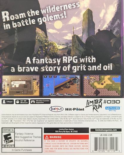 Armed Emeth [Limited Run #030] for PlayStation 5 (PS5) at Gamers INC, featuring a classic JRPG adventure where you pilot customizable Golems through a vast desert world, upgrading your mechanical companions with specialized weaponry and equipment to take down formidable bounties and unravel a grand conspiracy bacck cover