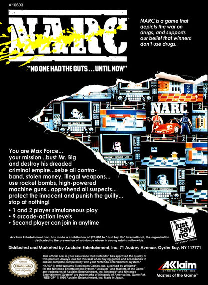 NARC Complete in Box CIB Nintendo Entertainment System NES for retro video game enthusiasts featuring side scrolling action shooter gameplay crime fighting missions explosive weapons challenging enemy encounters arcade style action complete in box collectible gaming appeal back cover