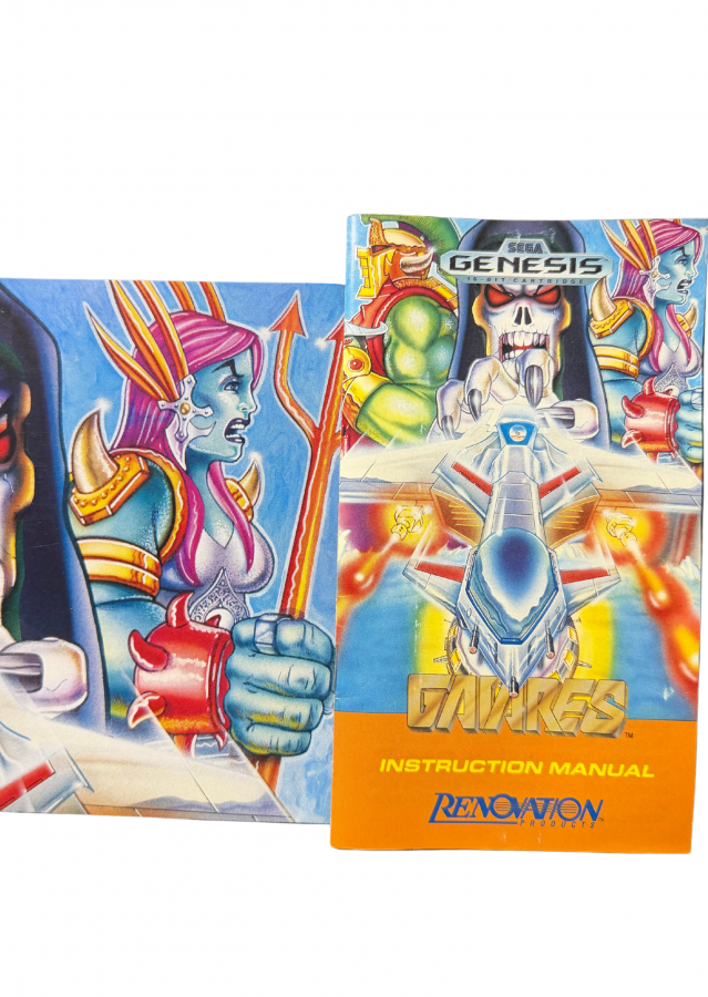 Gaiares Sega Genesis for shoot 'em up video game fans featuring side scrolling space combat enemy weapons absorption system challenging stages powerful spacecraft intense boss battles science fiction environments and classic 16 bit arcade action collectible retro gaming appeal front of manual and poster