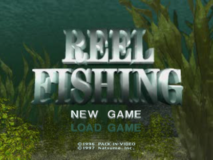 Reel Fishing [Greatest Hits] title screen for PlayStation 1 (PS1) fishing video game. 