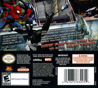 Spider-Man: Web of Shadows action adventure superhero back of case for Nintendo DS (DS) video game