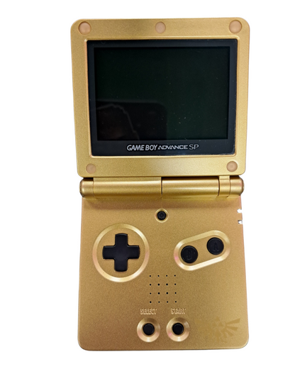 Game Boy Advance SP AGS-101 Custom Hyrule Shell Nintendo Game Boy Advance SP handheld console AGS-101 model with backlit screen custom Hyrule themed shell clamshell design rechargeable battery portable retro gaming system open