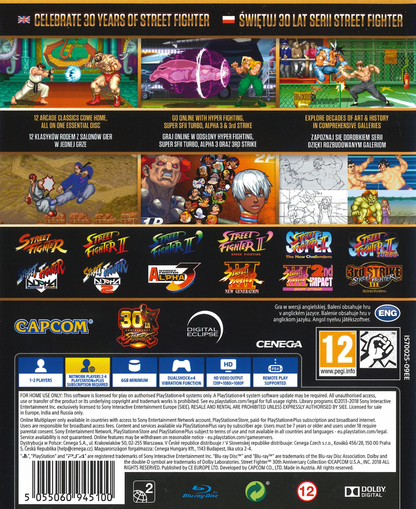 Street Fighter 30th Anniversary Collection PEGI rated PlayStation 4 fighting game compilation twelve classic arcade titles Street Fighter I Street Fighter II series Street Fighter Alpha series Street Fighter III series arcade perfect ports online multiplayer training museum mode Capcom fighting legacy collection back cover