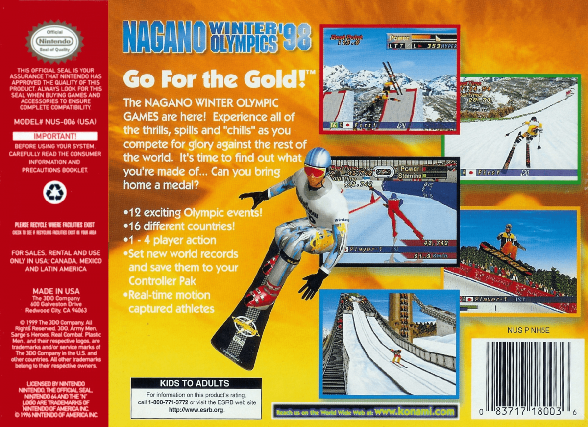 Nagano Winter Olympics 98 back cover art for Nintendo 64 N64 video game