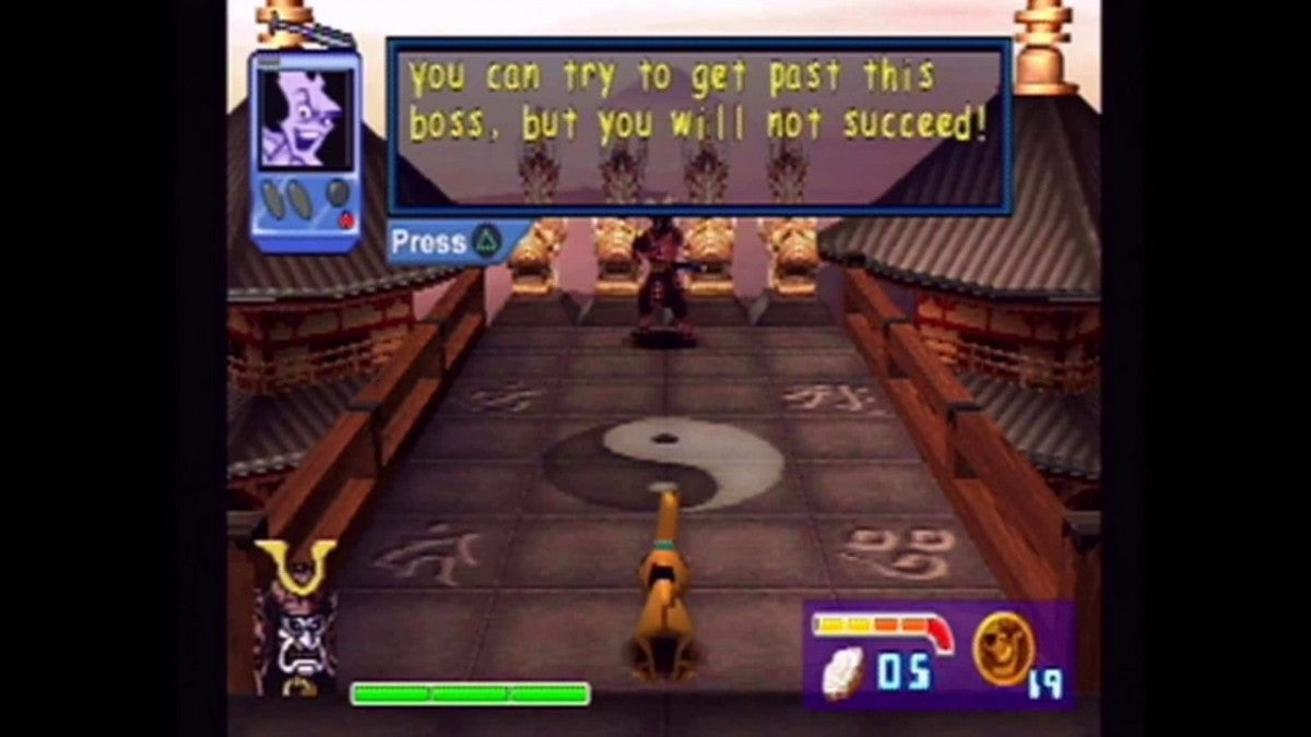 Scooby-Doo and the Cyber Chase Greatest Hits PlayStation 1 action-adventure video game based on the animated film Scooby Shaggy Mystery Inc gang transported into computer world levels based on locations chasing Phantom Virus platforming puzzle solving collectible Scooby snacks THQ Hanna-Barbera license cooperative gameplay screenshot