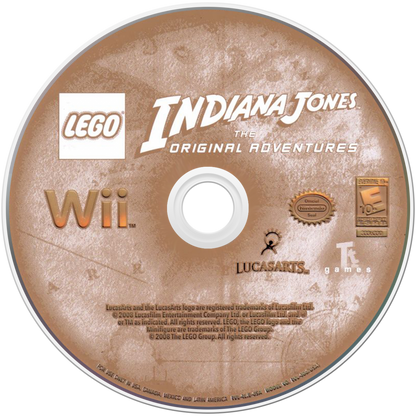 Retro LEGO Indiana Jones Wii inspired design featuring classic adventure puzzle platform gameplay aesthetic blocky LEGO humor treasure hunting action ancient ruins exploration whip cracking cinematic moments nostalgic Nintendo Wii family gaming presentation disc