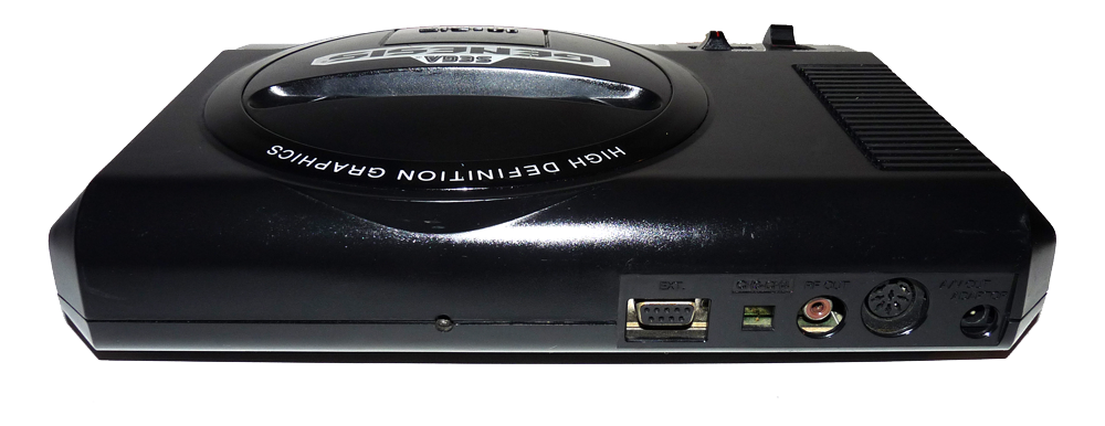 Rear view of a Sega Genesis Model 1 console showing power input, AV and RF ports, channel select switch, and ventilation grilles.