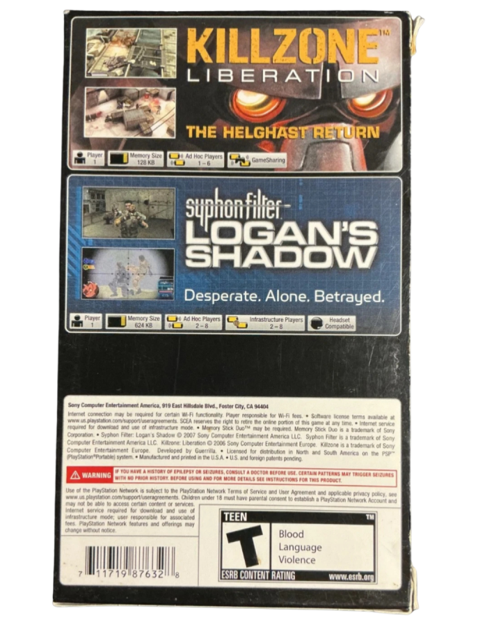 Syphon Filter Logans Shadow Killzone Liberation Dual Pack PSP Sony PlayStation Portable twin pack action shooter stealth espionage tactical combat third person shooter sci fi military FPS style handheld gaming Bend Studio Guerrilla Games PSP software video game title back cover 