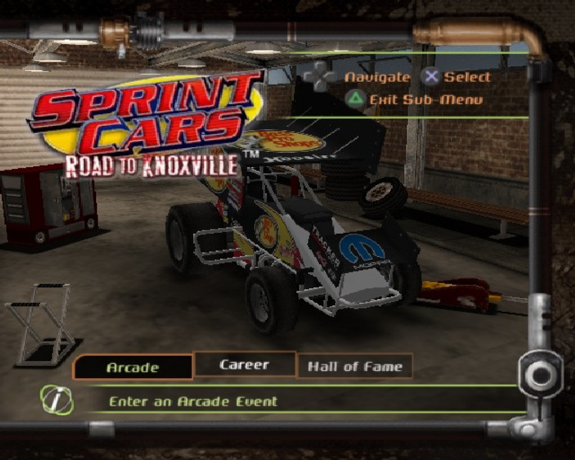 Sprint Cars: Road to Knoxville – PlayStation 2 (PS2) video game title screen, dirt track racing.
