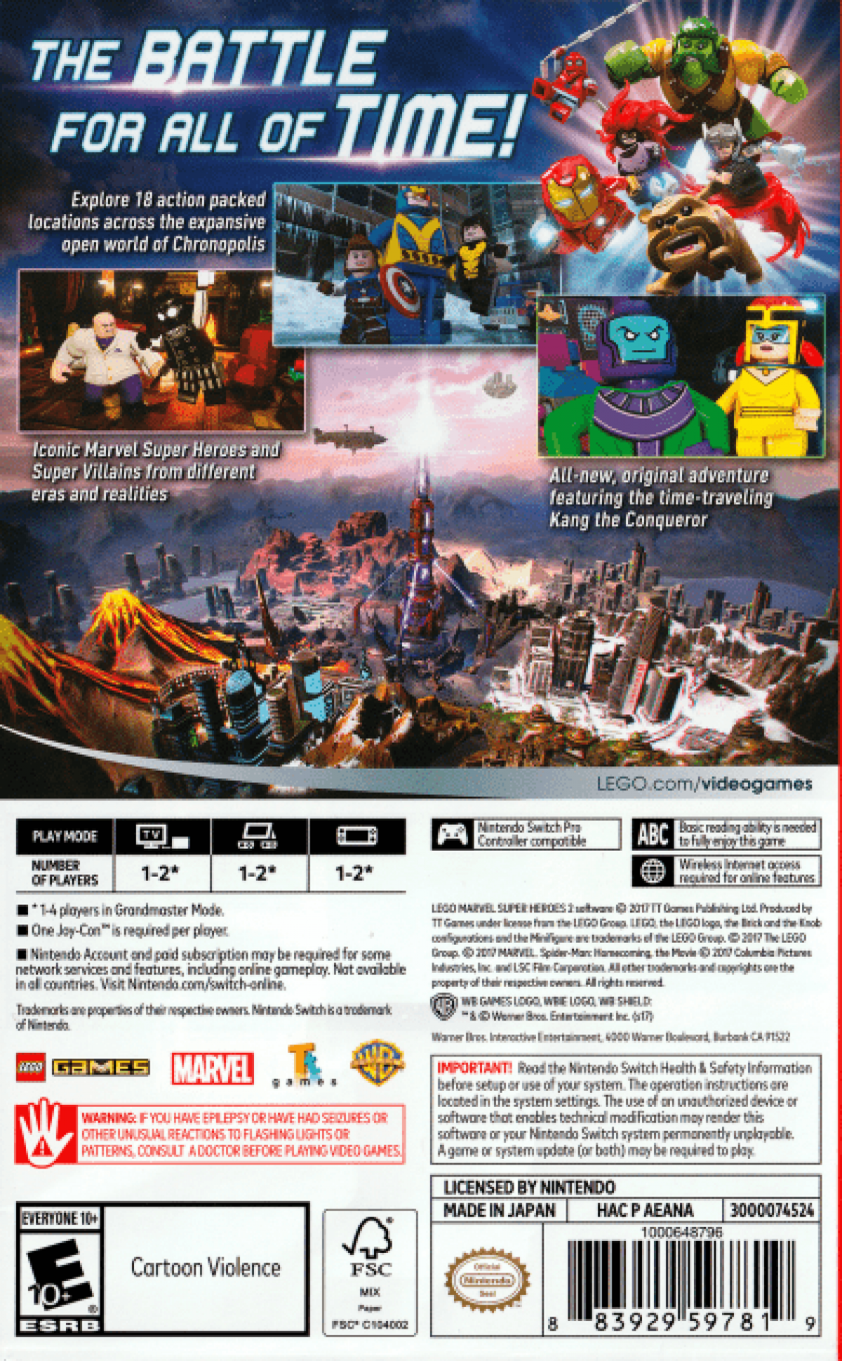 Lego Marvel Super Heroes 2 back of box for Nintendo Switch (NS) video game