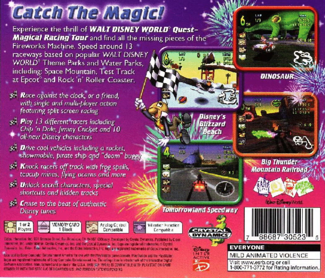 Walt Disney World Quest Magical Racing Tour PlayStation 1 kart racing game Disney parks attractions themed tracks multiplayer mode unlockable characters Disney Interactive back cover art