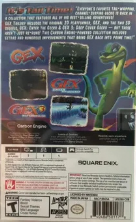 Gex Trilogy Nintendo Switch inspired design featuring classic platform adventure collection aesthetic wisecracking gecko hero colorful worlds television themed humor retro gameplay challenges enhanced modern presentation and nostalgic action platforming excitement back cover