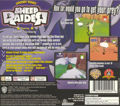 Sheep Raider game for the PlayStation featuring stealth puzzle gameplay as Ralph Wolf sneaks past Sam Sheepdog using gadgets disguises and environmental puzzles to capture sheep in a Looney Tunes themed setting back cover
