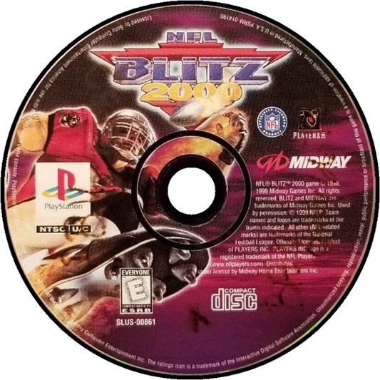 NFL Blitz 2000 game for the PlayStation featuring arcade style football gameplay with fast paced matches exaggerated hits simplified rules and multiplayer competition based on the Midway Blitz series disc