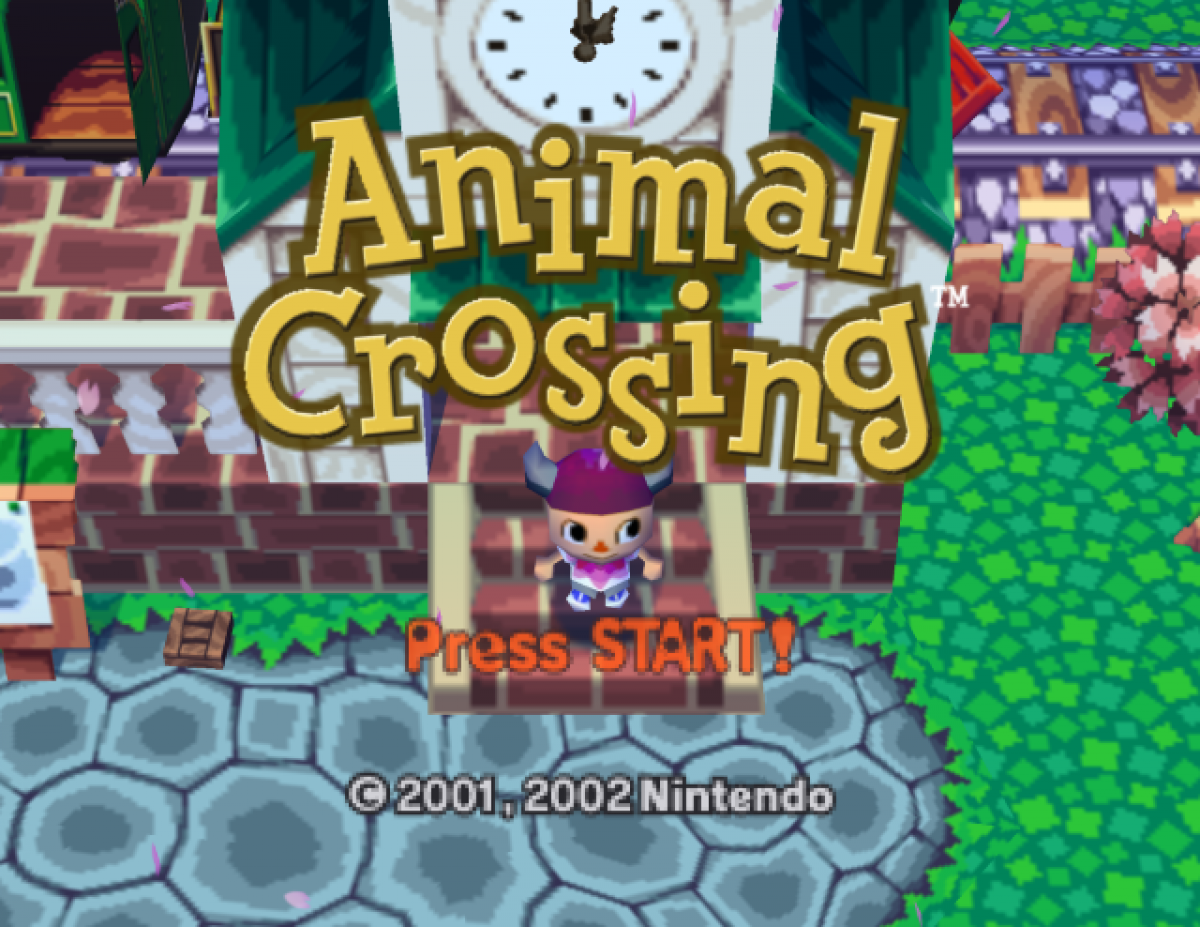 Animal Crossing GameCube life simulation video game Nintendo village living animal neighbors fishing bug catching fossil hunting Tom Nook shop real-time clock social interaction title screen