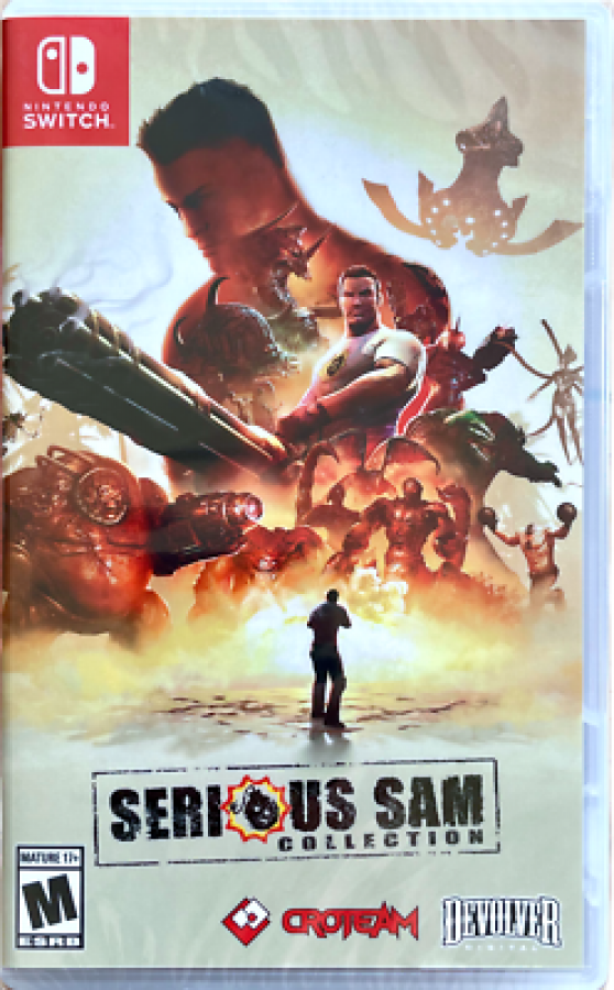 Serious Sam Collection Nintendo Switch inspired design featuring fast paced first person shooter anthology aesthetic chaotic arena combat hordes of enemies explosive weapon gameplay classic arcade style action sci fi environments high intensity retro shooter presentation front cover