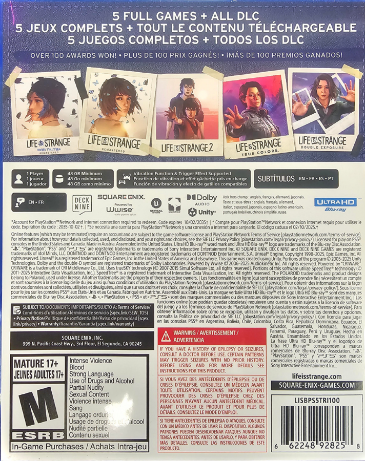 Life Is Strange Collection PlayStation 5 PS5 for narrative adventure video game fans featuring emotional storytelling memorable characters supernatural abilities choice driven gameplay branching storylines exploration puzzle solving cinematic presentation and immersive episodic adventures collectible gaming appeal back cover art