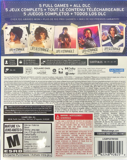 Life Is Strange Collection PlayStation 5 PS5 for narrative adventure video game fans featuring emotional storytelling memorable characters supernatural abilities choice driven gameplay branching storylines exploration puzzle solving cinematic presentation and immersive episodic adventures collectible gaming appeal back cover art