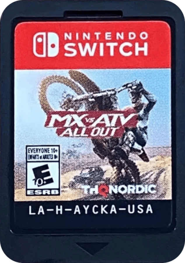 MX vs ATV All Out Nintendo Switch open world off road racing game multiple vehicle types ATV dirt bike monster truck tricks freestyle career mode split screen multiplayer cartridge art