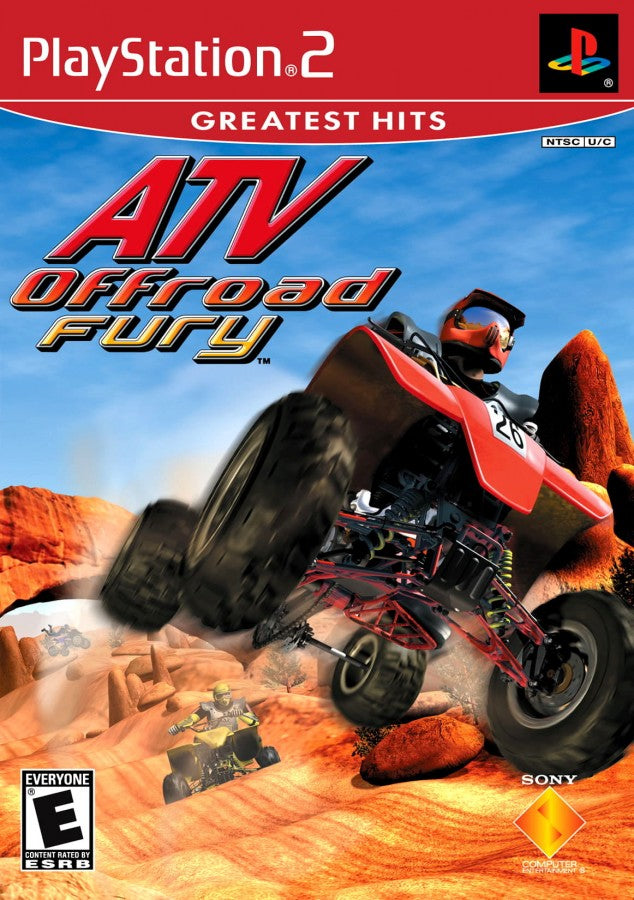 Retro ATV Offroad Fury Greatest Hits PS2 inspired design featuring extreme off road racing aesthetic vintage PlayStation 2 all terrain vehicle stunts rugged dirt tracks freestyle tricks outdoor motorsports adrenaline nostalgic racing game presentation - cover art