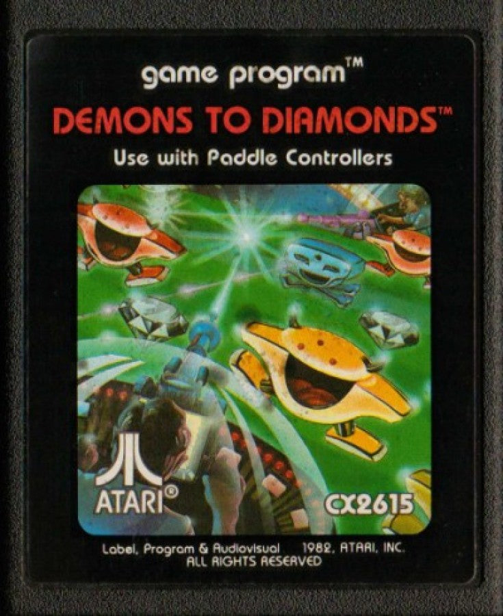 Demons to Diamonds Atari 2600 inspired design featuring classic arcade shooter aesthetic vintage joystick gameplay minimalist pixel graphics retro score chasing action early home console gaming history nostalgic Atari presentation cartridge