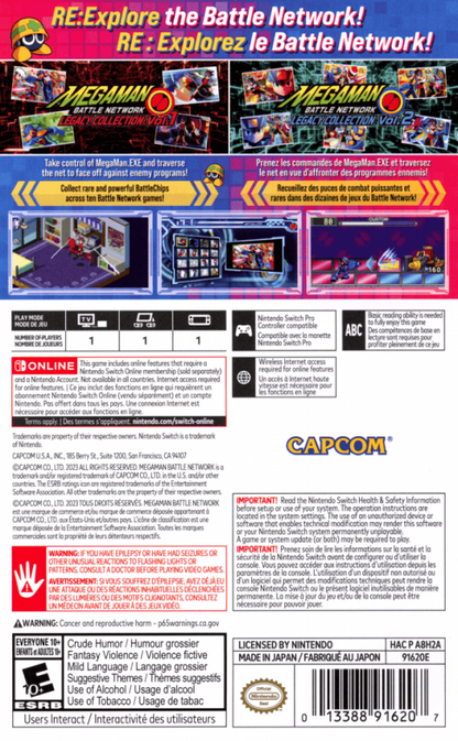 Mega Man Battle Network Legacy Collection Nintendo Switch for action role playing video game fans featuring tactical grid based battles cyber world exploration classic MegaMan.EXE adventures online network combat multiple games in one collection futuristic storytelling collectible gaming appeal back cover art
