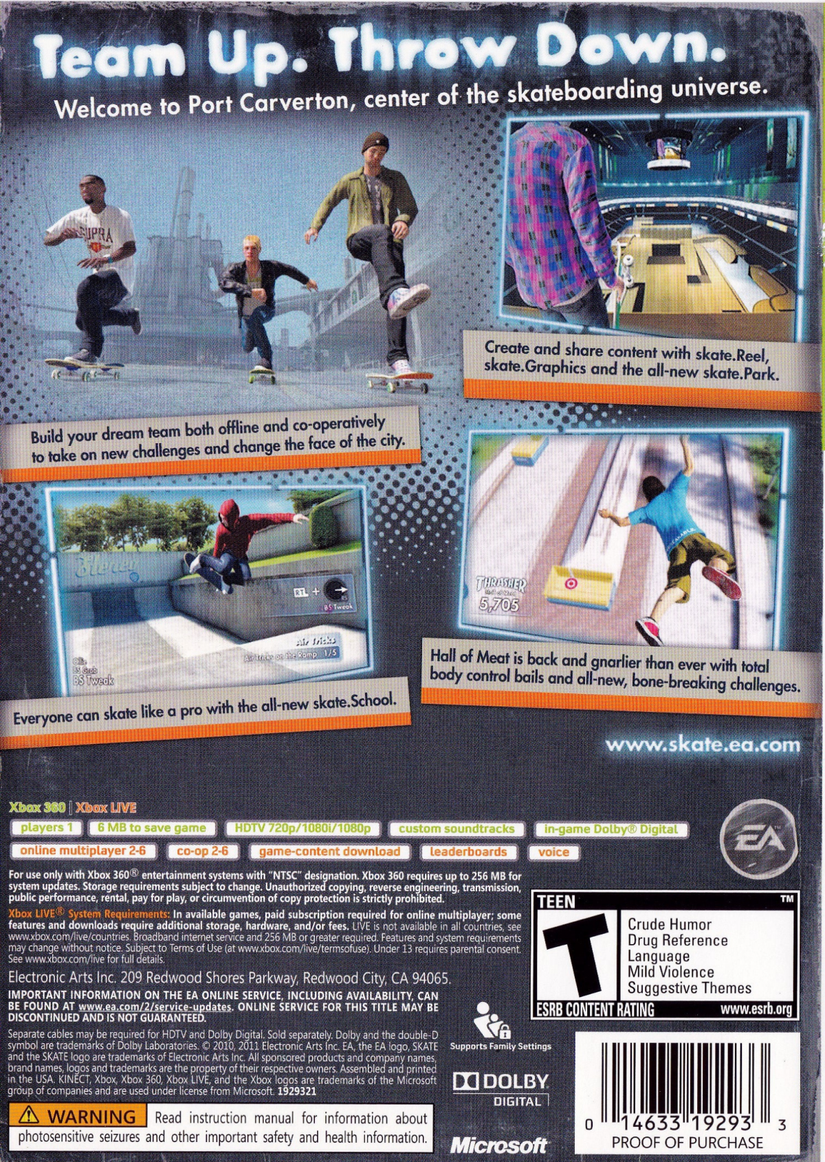 Skate 3 Platinum Hits Xbox 360 skateboarding simulation video game EA Black Box flick-it control scheme Port Carverton open world locations online multiplayer Hall of Meat mode team up contests co-op challenges career progression skate parks create-a-park feature back cover