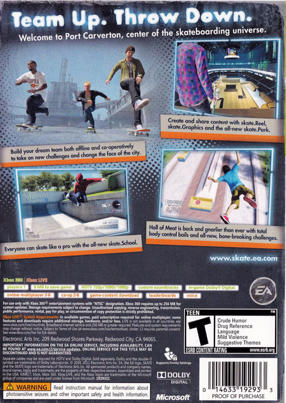 Skate 3 Platinum Hits Xbox 360 skateboarding simulation video game EA Black Box flick-it control scheme Port Carverton open world locations online multiplayer Hall of Meat mode team up contests co-op challenges career progression skate parks create-a-park feature back cover