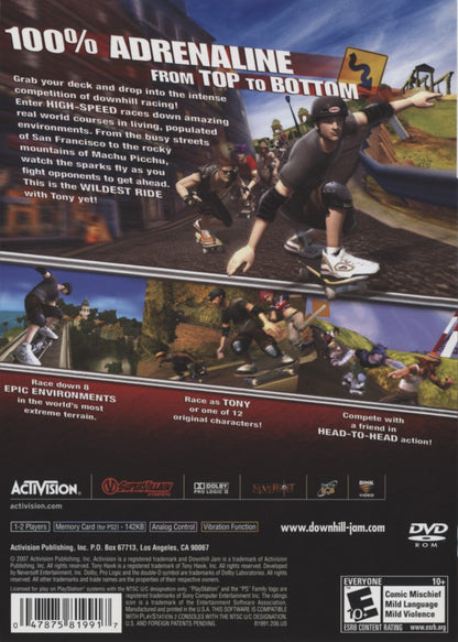 Tony Hawk's Downhill Jam for PlayStation 2 skateboarding racing game fast paced downhill courses trick combos arcade style multiplayer modes back cover