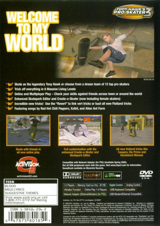 Tony Hawk's Pro Skater 3 – PlayStation 2 (PS2) video game back of case, skateboarding sports action.