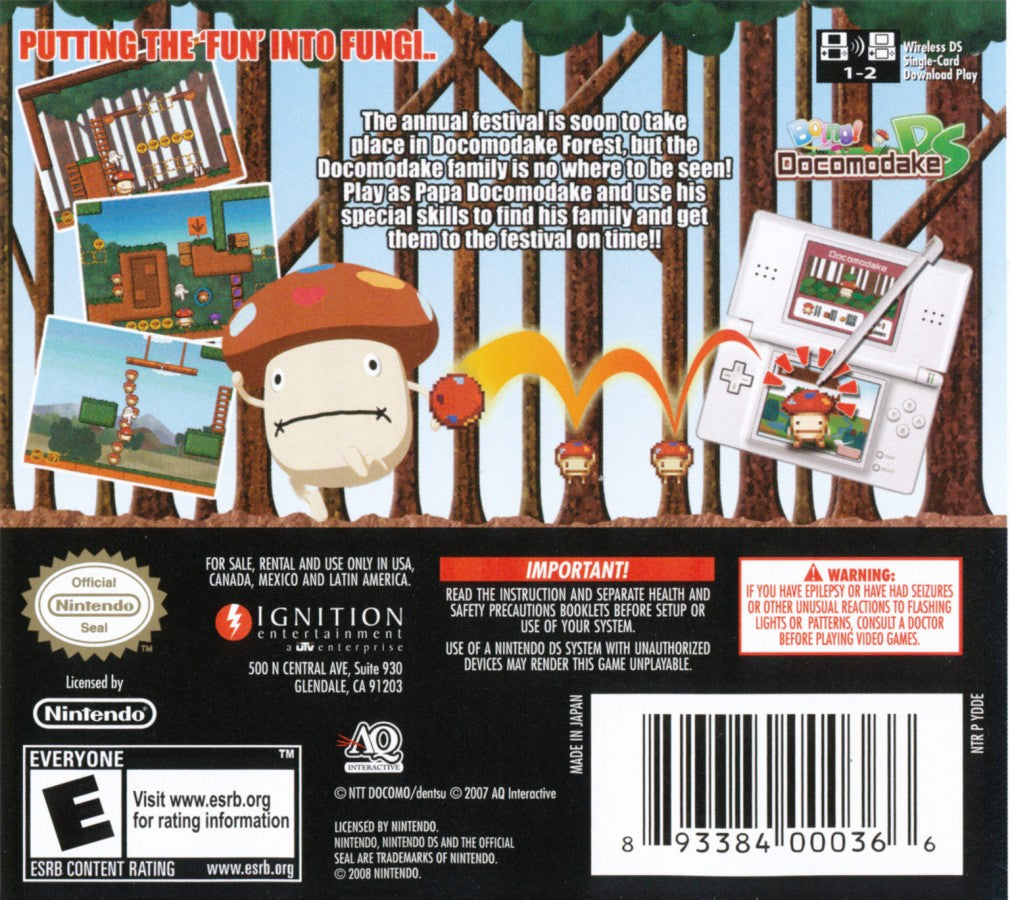 Boing! Docomodake DS back of case for Nintendo DS (DS) puzzle platforming video game