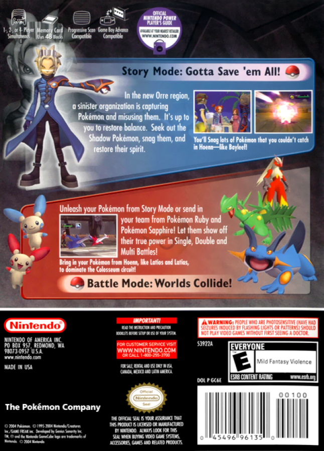 Pokémon Colosseum back of case for Nintendo GameCube (GC) Pokémon RPG battle video game