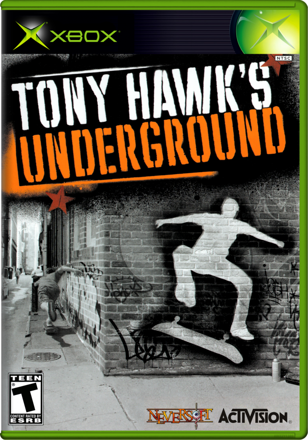 Game cover for 'Tony Hawk's Underground' with Xbox logo and skateboarding graphics for the XBOX video game