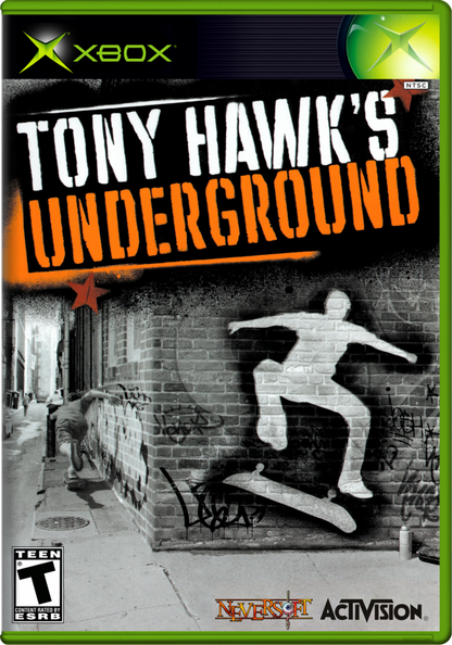 Game cover for 'Tony Hawk's Underground' with Xbox logo and skateboarding graphics for the XBOX video game