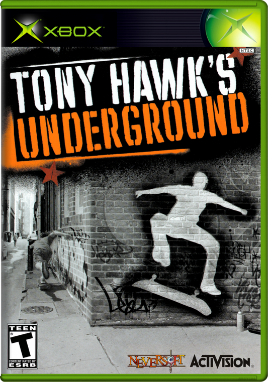 Game cover for 'Tony Hawk's Underground' with Xbox logo and skateboarding graphics for the XBOX video game