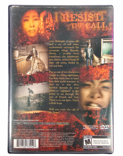 Siren PlayStation 2 PS2 survival horror video game featuring multiple playable characters mysterious Japanese village stealth gameplay supernatural enemies disturbing atmosphere exploration puzzle solving unique sightjack ability and classic PlayStation 2 PS2 gameplay collectible retro gaming appeal back cover art