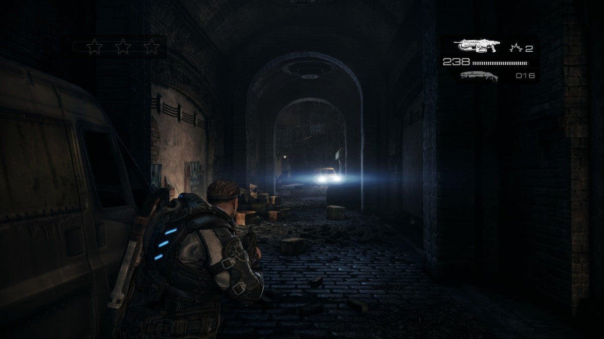 Gears of War: Judgment for Xbox 360 (X360) featuring a high-intensity prequel following Kilo Squad led by Damon Baird as they defy military orders to save Halvo Bay; experience the "Declassified" mission system for added challenge, faster-paced multiplayer, and the debut of the chaotic OverRun mode in this cinematic expansion of the Gears universe gameplay screenshot