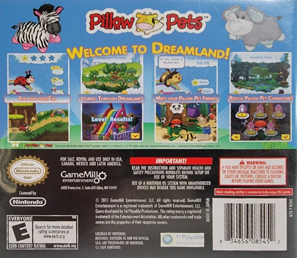 Pillow Pets for Nintendo DS, back of case for a kids adventure video game with mini-games, pet care gameplay, puzzle challenges, and family-friendly activities