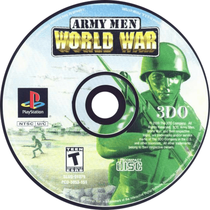 Army Men World War PlayStation PS1 for action strategy video game fans featuring classic green army men battles military missions tactical combat toy soldier gameplay vehicle warfare squad based action campaign missions colorful battlefield environments collectible gaming appeal game disc