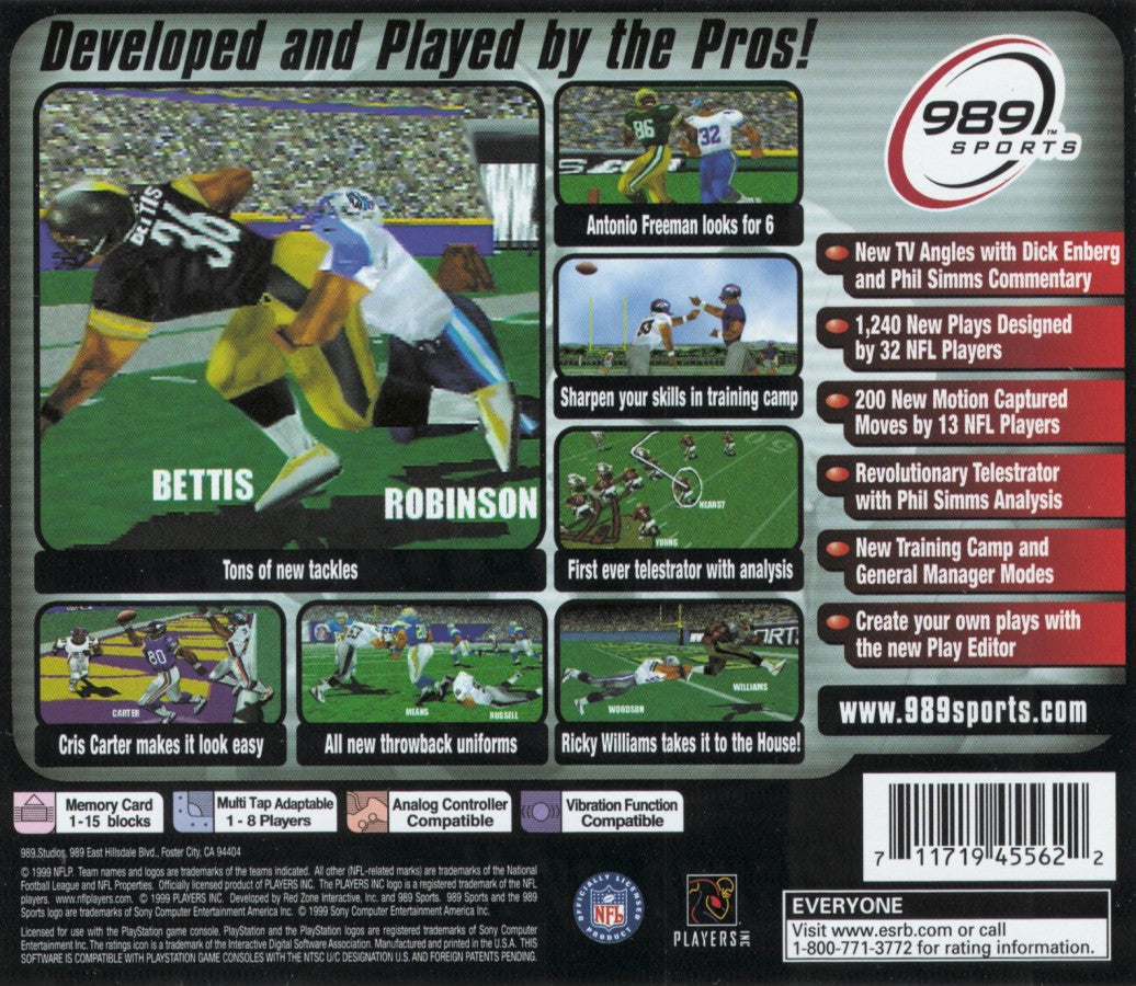NFL GameDay 2000 PlayStation 1 football sports simulation video game 989 Sports NFL license all 31 teams franchise mode create-a-player Season Mode Exhibition authentic gameplay Sony PlayStation original back cover