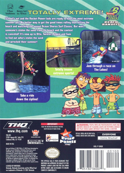 Retro Rocket Power Beach Bandits GameCube inspired design featuring animated extreme sports adventure aesthetic Nintendo GameCube coastal skate culture surfing skating biking beachside missions cartoon style characters nostalgic Nickelodeon gameplay presentation - back of case