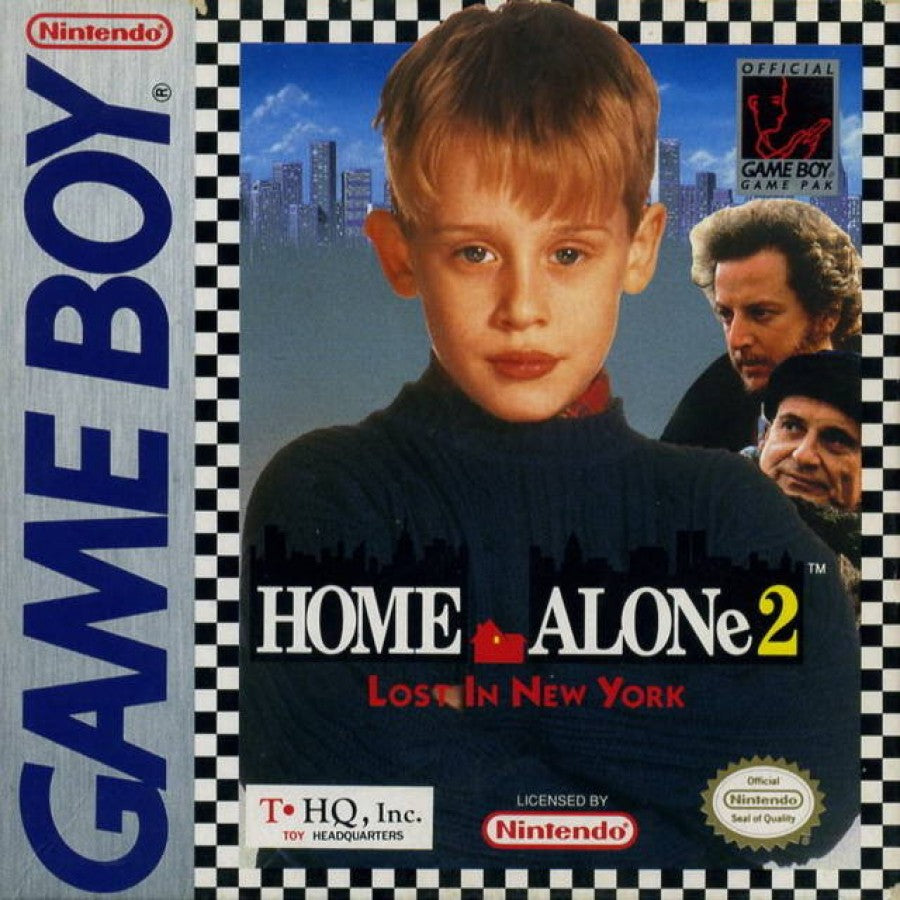 Home Alone 2 Lost in New York for Game Boy, cover image for an action platformer video game with side-scrolling gameplay, trap-setting mechanics, enemy avoidance, and movie-inspired challenges