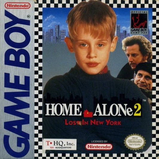 Home Alone 2 Lost in New York for Game Boy, cover image for an action platformer video game with side-scrolling gameplay, trap-setting mechanics, enemy avoidance, and movie-inspired challenges